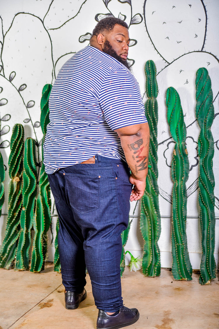 slim fit jeans on fat man